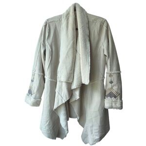 Boston Proper Faux Shearling Waterfall Jacket Ivory + Embroidered Sleeves (S)